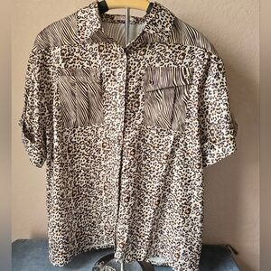 La’ Ros Womens Leopard Zebra Print Button Up Shirt Blouse L Animal Pattern Y2K